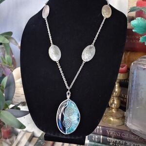 Silver Tone Concho Chain Necklace With Large Geode Stone Pendant